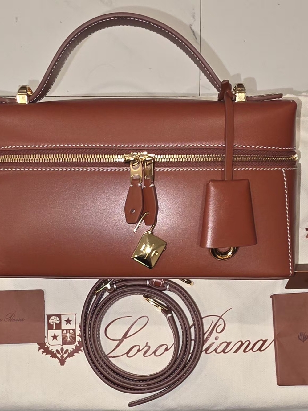 Loro Piana Chestnut Saddle Leather Top-Handle Satchel with Gold Hardware - Picture 12 of 13